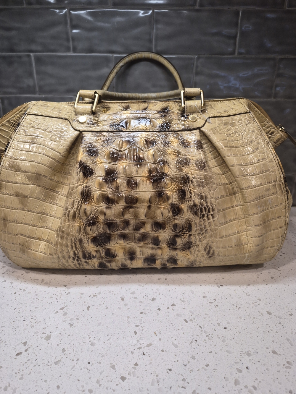 Brahmin Cream and Brown Croc-Embossed Dome Satchel